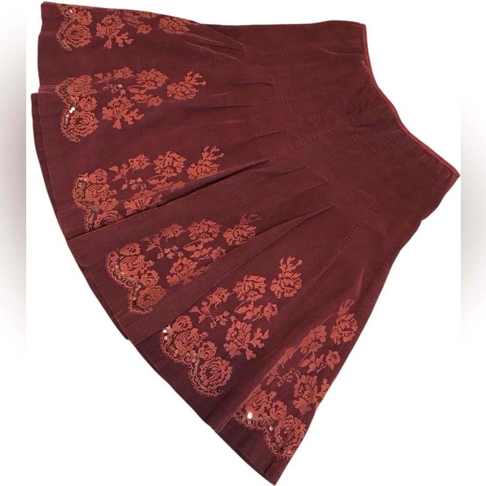 M🌷Vintage Promod Burgundy Corduroy Midi Embroidered Sequins Skirt - Picture 2 of 12